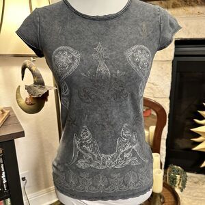 Vintage X2 Y2K Boho Graphic Tee Women’s XS Gray Ornate Angel Goth Top